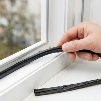 Detailní pohled na nové černé EPDM těsnění v rohu plastového PVC okna