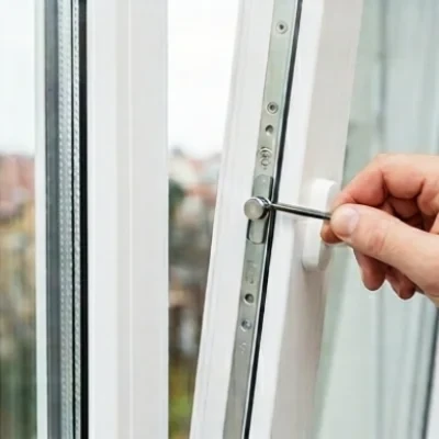 Ruka technika s imbusovým klíčem seřizující uzavírací čep kování okna Brno